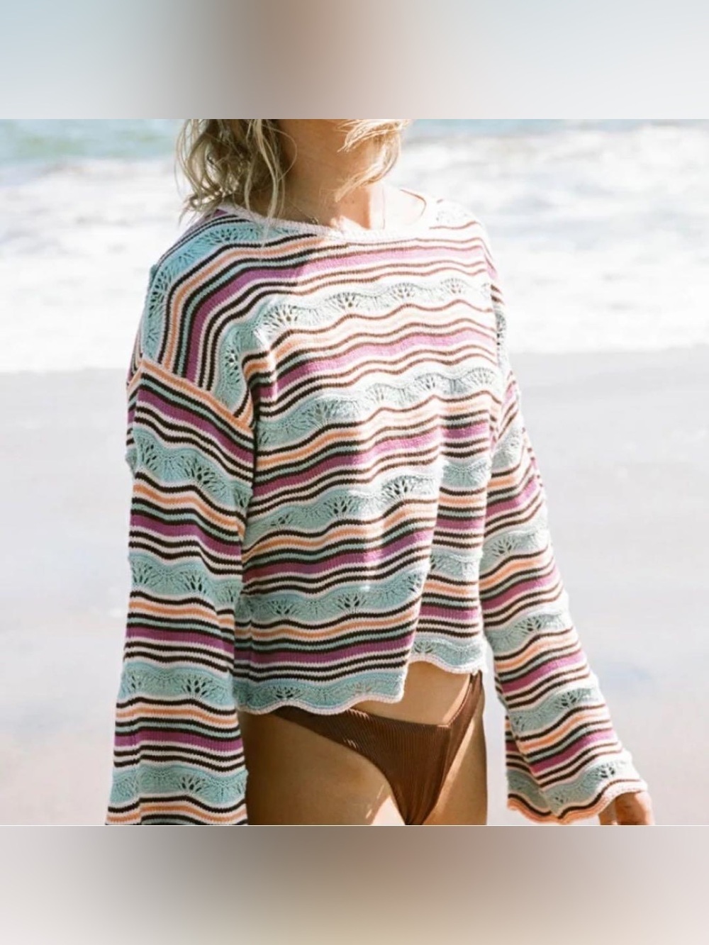 Roxy Salt Siren Crochet Knit Bell Sleeve Striped Crop Sweater size large boho
